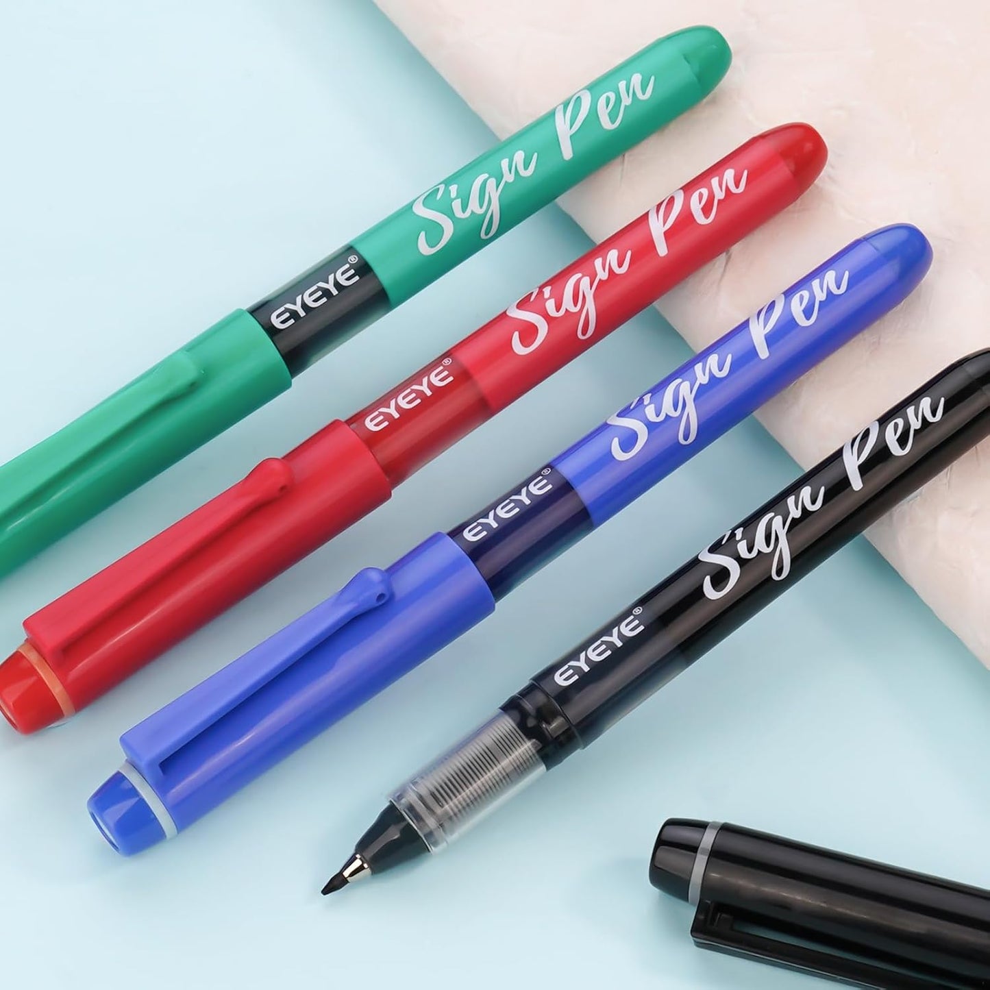 EYEYE Sign Pens 9 Pack (Black Blue Red Green)- 1.0mm Nib Tip - 0.6mm Line, Liquid Ink Sign Pen Smooth Writing - Fineliner Marker Pens Quick Drying