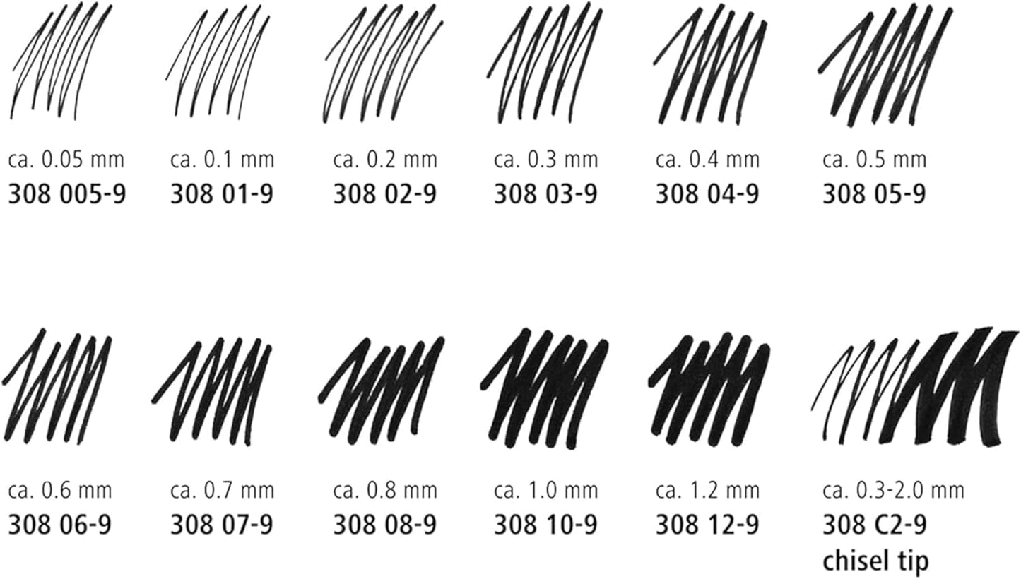 Staedtler Pigment Liner Pack, Black, 8 Pens, Assorted Line Widths, 0.05mm, 0.1mm, 0.2mm, 0.3mm, 0.5mm, 0.8mm, 1.0mm, 1.2mm