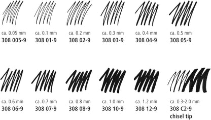 Staedtler Pigment Liner Pack, Black, 8 Pens, Assorted Line Widths, 0.05mm, 0.1mm, 0.2mm, 0.3mm, 0.5mm, 0.8mm, 1.0mm, 1.2mm