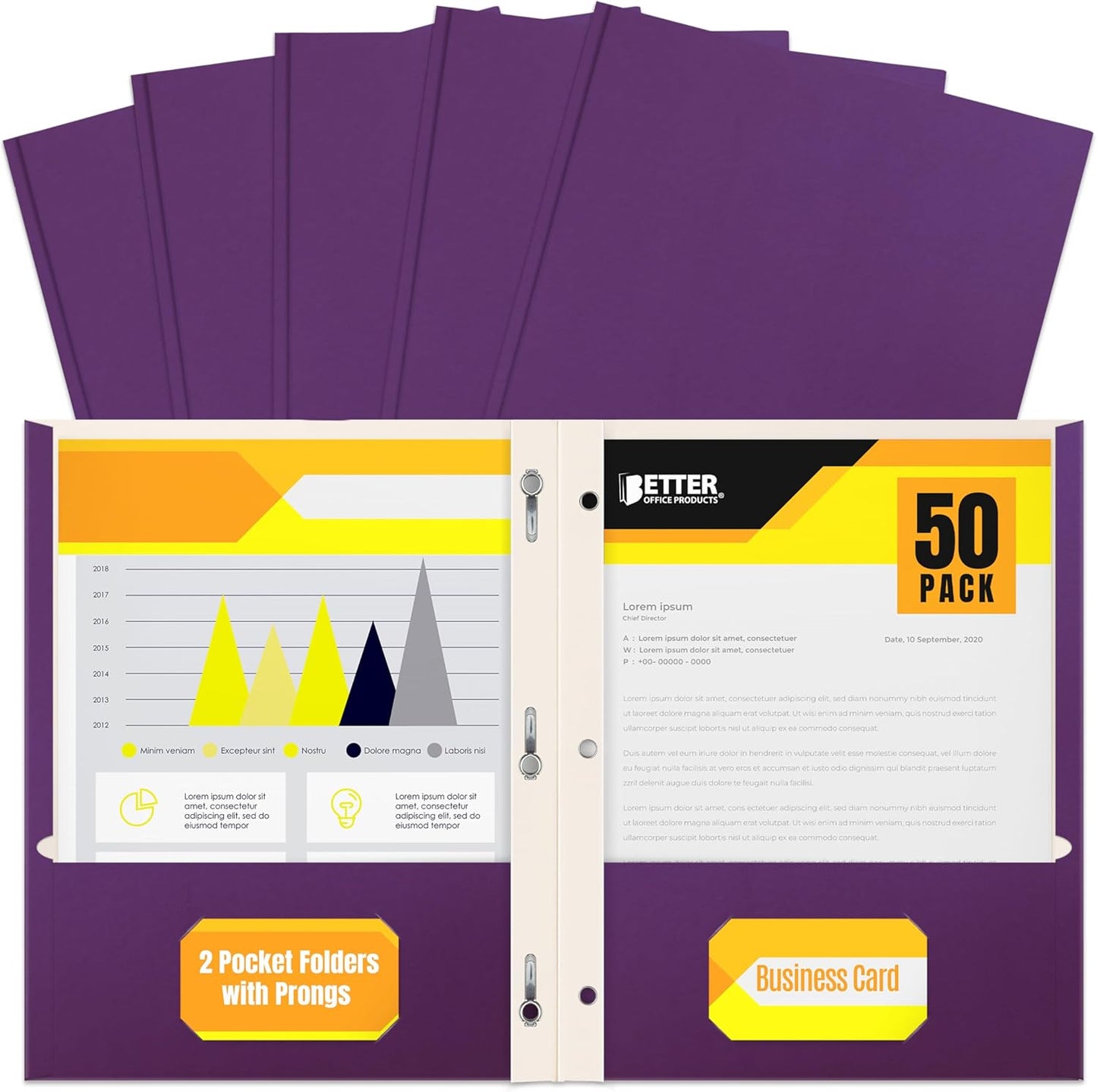 Better Office Products Blue Paper 2 Pocket Folders with Prongs, 50 Pack, Matte Texture, Letter Size Paper Folders, 50 Pack, with 3 Metal Prong Fastener Clips, Blue