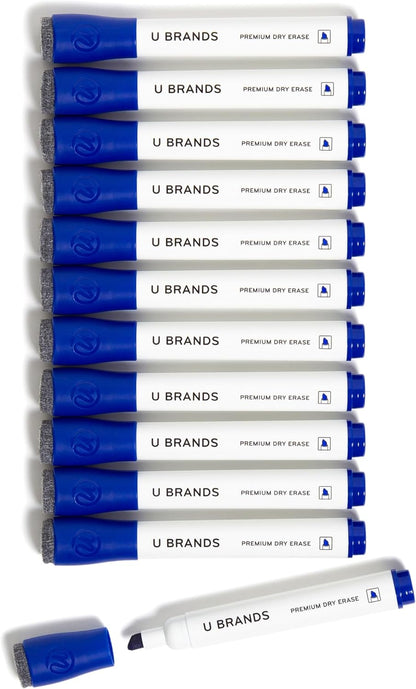 U Brands Dry Erase Markers, Fine Tip Whiteboard Markers, Chisel Tip, Low Odor, Black Dry Erase Marker Set with Eraser Caps, Office School Classroom Supplies, 12 Count
