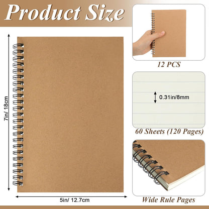 Leelosp 12 Pack Small Spiral Notebook Lined Spiral Journal College Ruled Notebook Wire Bound Kraft Cover, 120 Pages for Work (Multicolor,5.5 x 8.3 Inch)