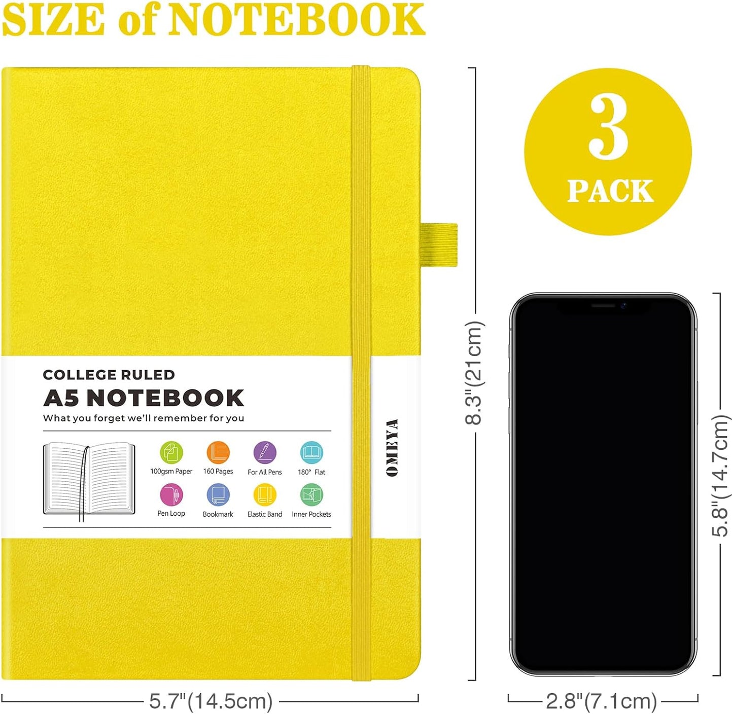 Lined Journal Notebook, 3 Pack A5 College Ruled Notebooks for Work, Hardcover Notebook Each with 2 Pockets & Pen, Leather Journal for Women, Men, 160 Pages, 100GSM Thick Paper (Black, Brown, Grey)