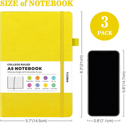 Lined Journal Notebook, 3 Pack A5 College Ruled Notebooks for Work, Hardcover Notebook Each with 2 Pockets & Pen, Leather Journal for Women, Men, 160 Pages, 100GSM Thick Paper (Black, Brown, Grey)