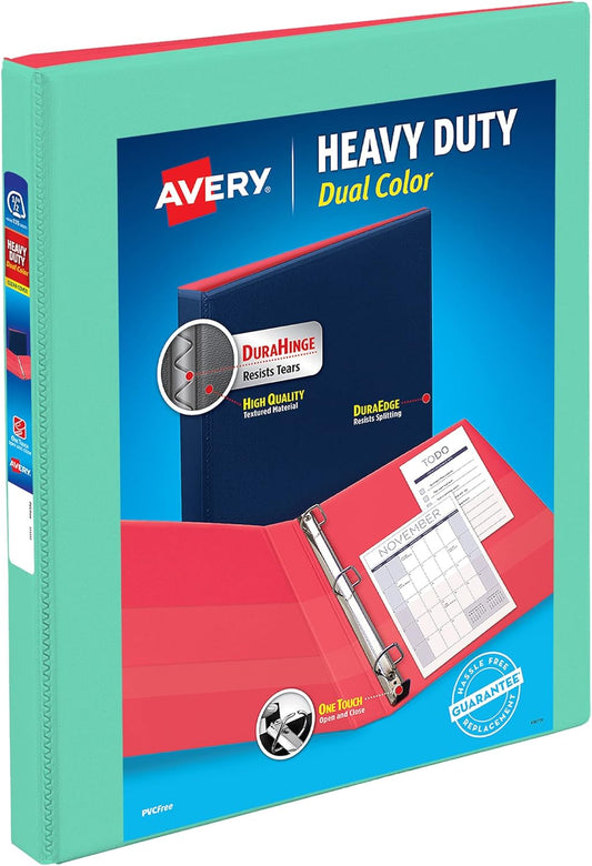 Avery Heavy-Duty Dual Color 3 Ring Binder, 0.5" One Touch Slant Rings, 135-Sheet Capacity, 0.7 Inch Wide Spine, Home, School Supplies, Office, or Organization Needs, Mint/Coral Binder (17881)