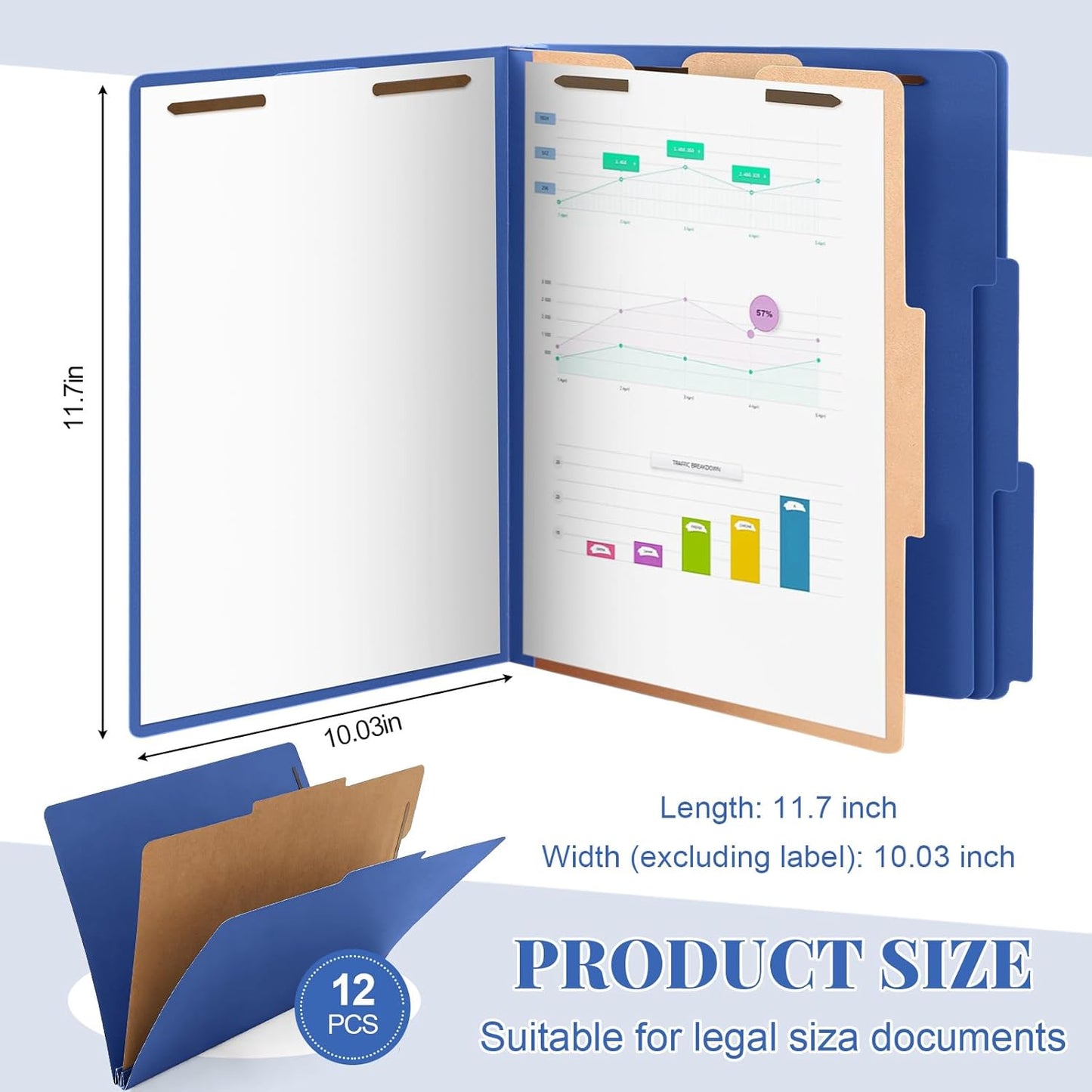 AmazingSpark 12 Packs Dark Blue Classification Folders Letter Size, 1 Divider, 1/3-cut Tab, File Folders with Fasteners, Prongs, Expanding File Organizer Bulk for Office Employee, Coworker, Staff