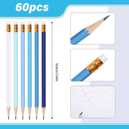 TecUnite 60 Pcs HB Pencils #2 Unsharpened Wood Cased Pencils with Eraser Hexagonal Pencil Cute Graphite No 2 Pen for Adults Gifts Exam School Office Sketching Learning (Wood Color, Silver)