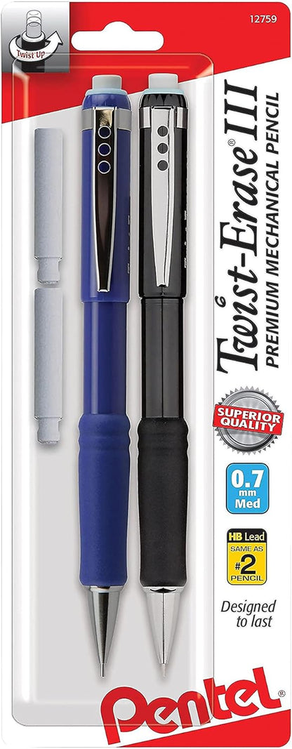 Pentel Twist-Erase III Mechanical Pencil, (0.7mm), Assorted Barrel Colors with 2 Eraser Refills, Pack of 2 (QE517BP2)