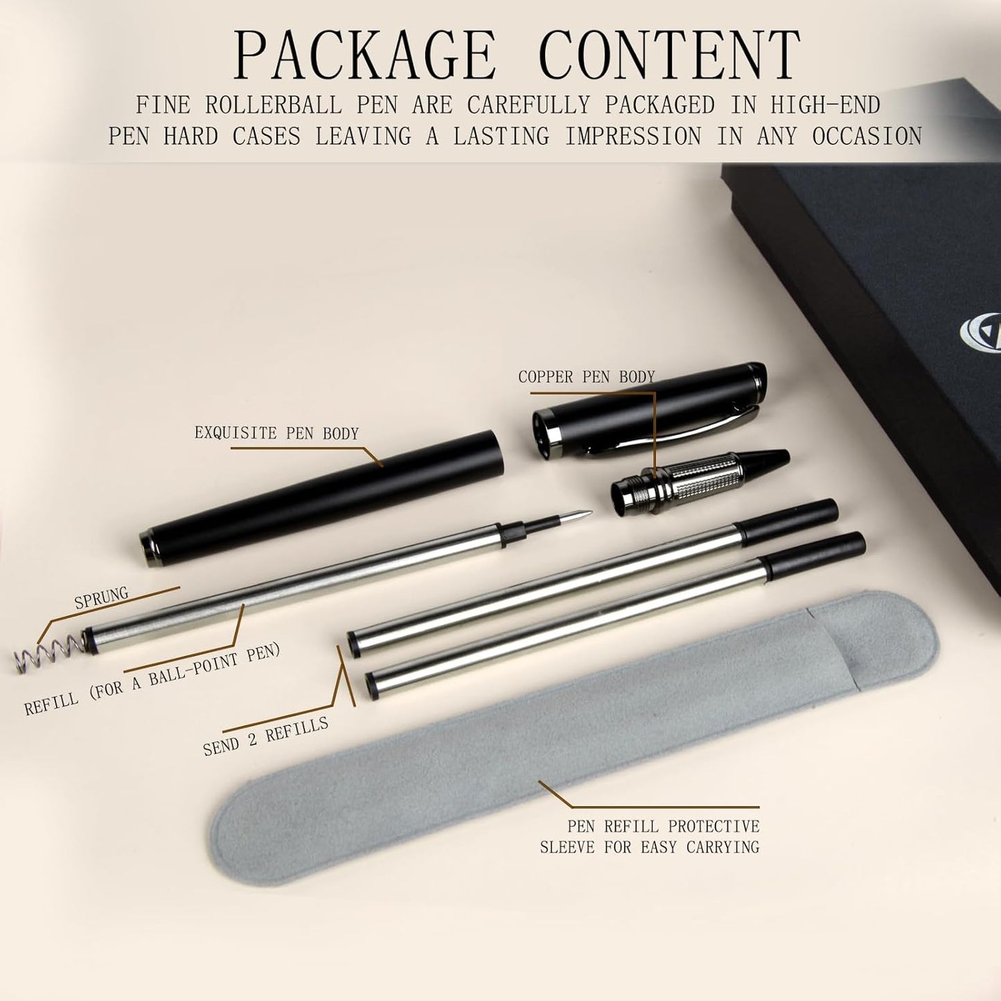 Liquid Ink Rollerball Pen,Essential Business Nice Pens,Metal pen Smooth writing stylish design effortless writing,Luxury pens with gift case for Men & Women with 2 Refills