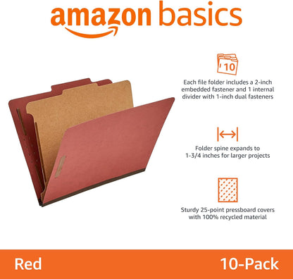 Amazon Basics Classification Folder with Prongs, 100% Recycled, 2 Dividers, 2" Embedded Fasteners, Letter Size, for Documents Organization, Light Blue, 10 Count
