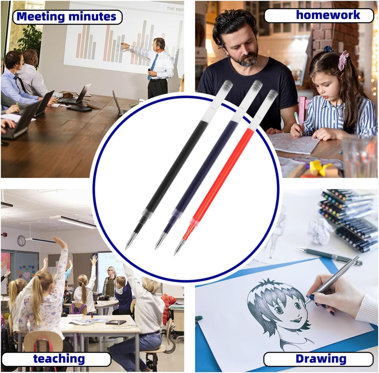 8 Pieces Replaceable Ballpoint Pen Refills Work for Most Brands Pens with Smooth Writing,Free-Flowing German Ink with Medium 0.5mm Ballpoint Tip(Black Refills and Length 4.4inch)