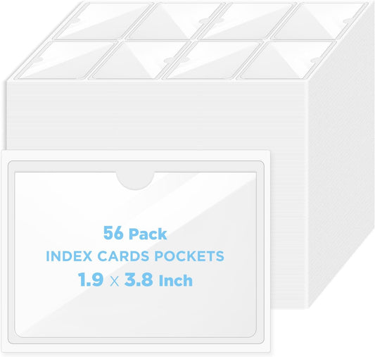 56 Pack Clear Self-Adhesive Pockets, 3" x 5" Index Card Pockets with Top Open Loading, PVC Label Holders for Organizing Storage Bins, Library Card, Drawer, and Protecting Your Cards