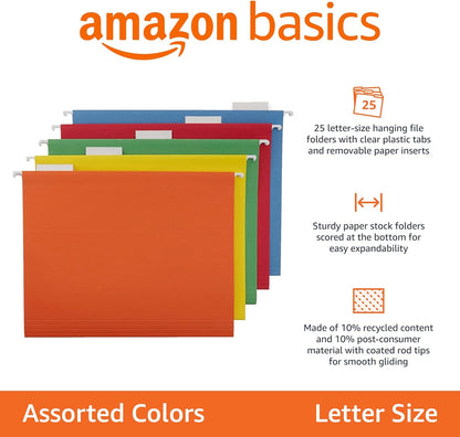 Amazon Basics Hanging File Folders with Adjustable Tabs, Sturdy Expandable Document Organizer, Letter Size 8.5x11 inch, Green, 25-Pack