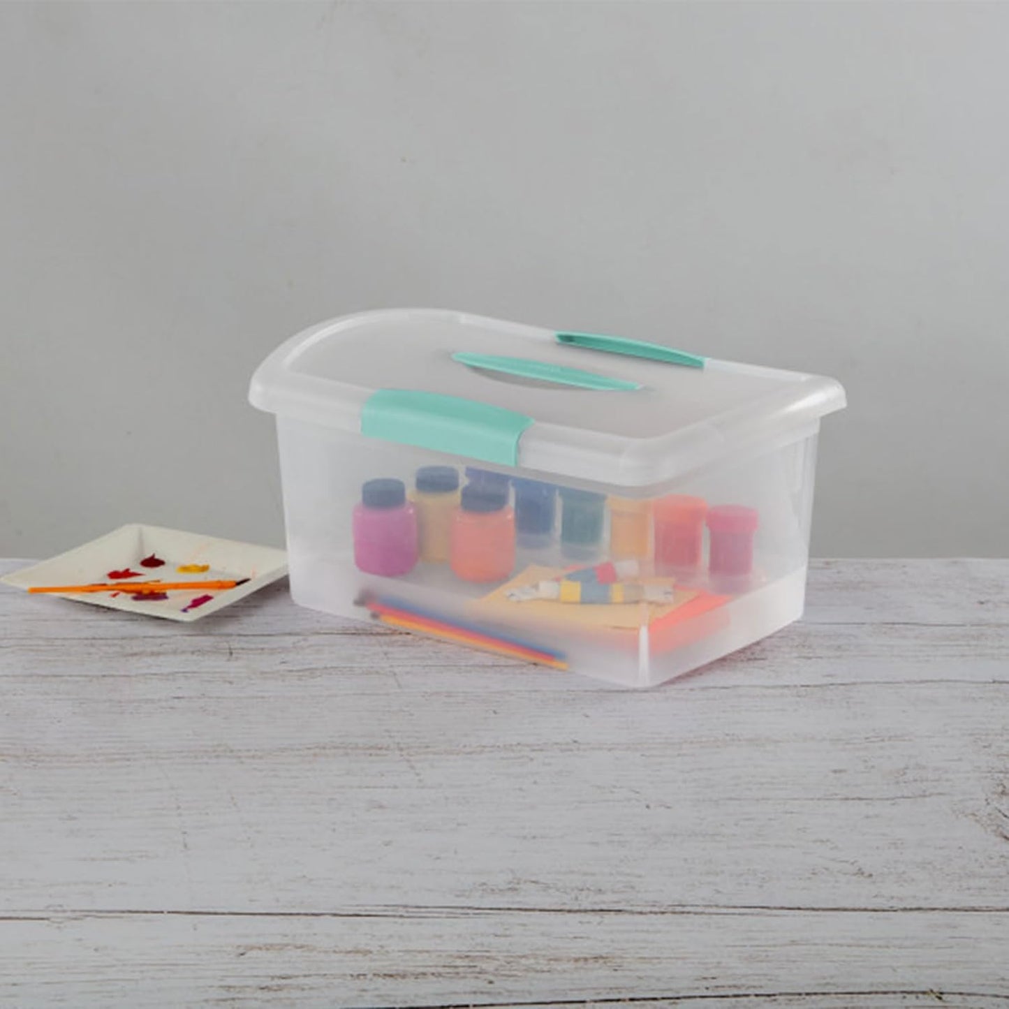 Sterilite Large Nesting ShowOffs, Stackable Small Storage Bin with Latching Lid and Handle, Plastic Container to Organize Office Files, Clear, 6-Pack