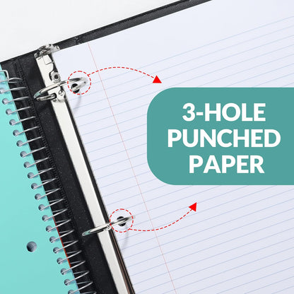 SUNEE 5 Subject Graph Paper Notebook - 400 Pages, 9"x11", 4x4 Graph Ruled Notebook, 5 Pocket Colored Dividers, 3-Hole Punched Paper, Black