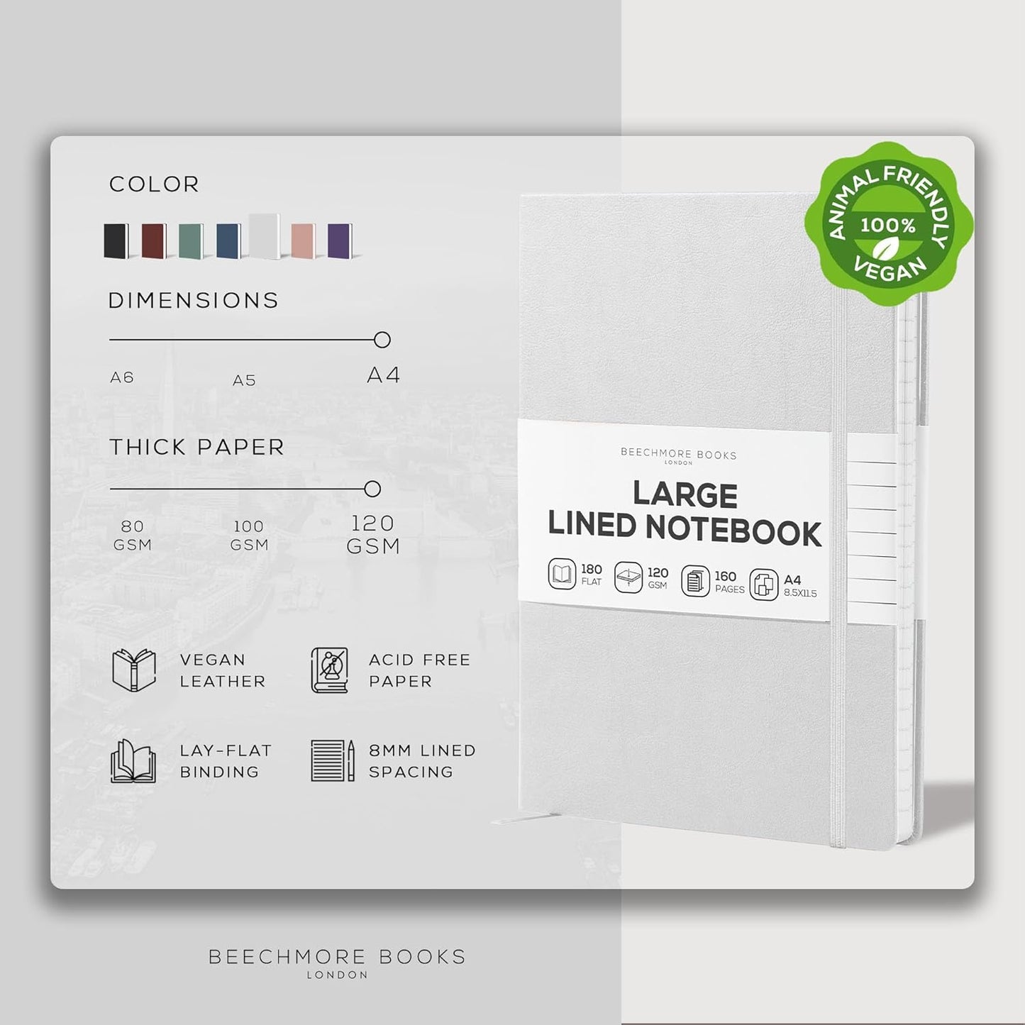 BEECHMORE BOOKS Large Lined Journal Notebook, 8.5" x 11.5" (A4) Hardcover Vegan Leather Executive Diary for Work, Thick 120gsm Paper, Lay-Flat Binding, Gift Box