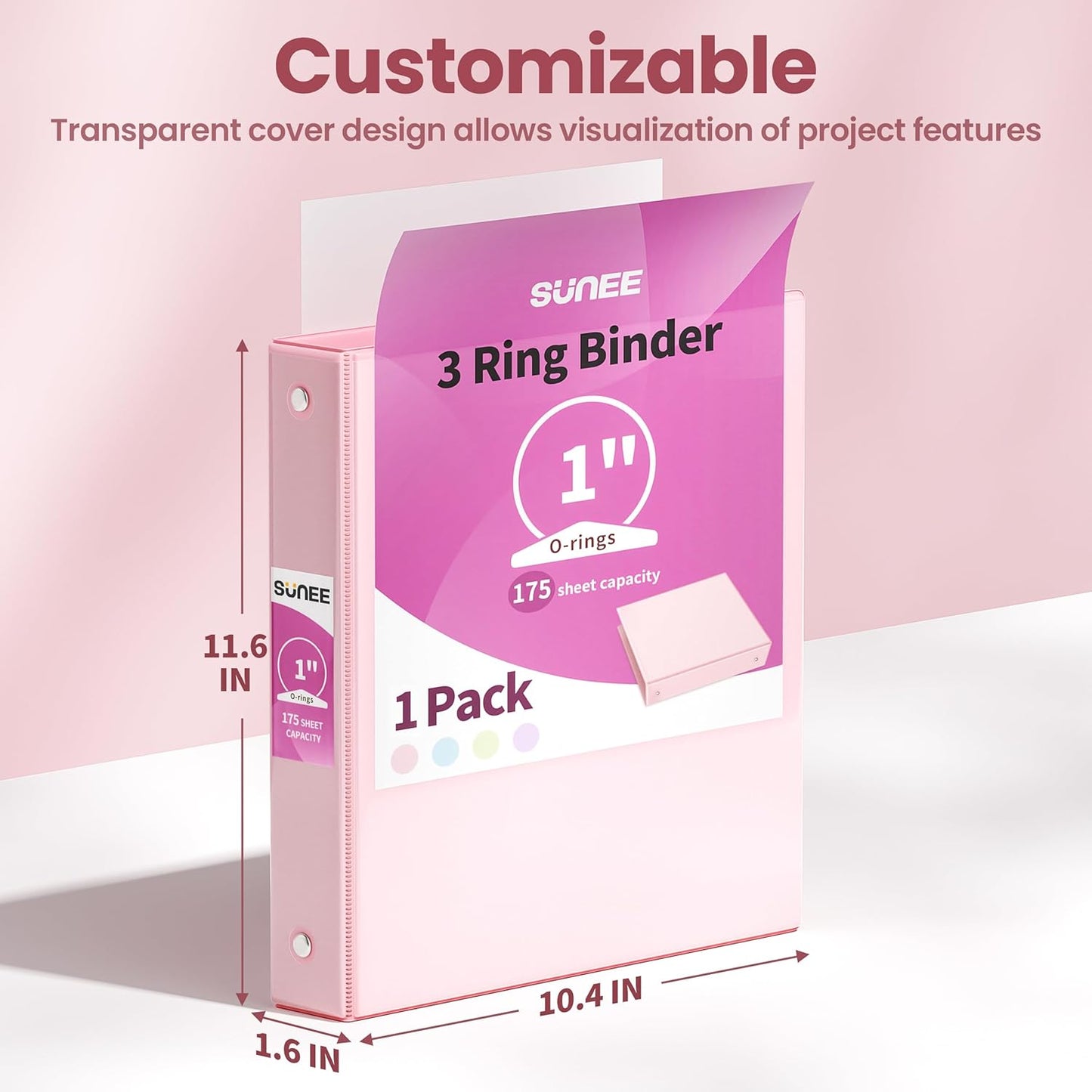 SUNEE 3 Ring Binder 3 Inch 1 Pack, Clear View Binder Three Ring PVC-Free (Fit 8.5x11 Inches) for School or Office Supplies, Pink