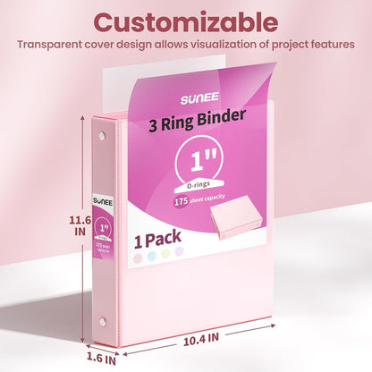 SUNEE 3 Ring Binder 3 Inch 1 Pack, Clear View Binder Three Ring PVC-Free (Fit 8.5x11 Inches) for School or Office Supplies, Pink