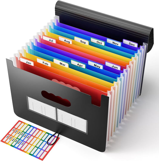 ABC life 12-Pocket Accordion File Organizer, Expandable File Folder with Colorful A-Z Tabs, Portable Bill & Receipt Organizer, Desktop Letter/A4 Document Storage for Home & Office-Black Matt