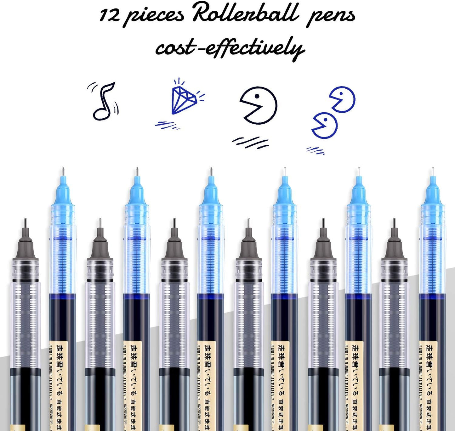 Frienda 12 Pieces Rolling Ball Pens 0.5 mm Japanese Quick Drying Fine Point Pens Liquid Ink Smooth Writing for Office Student Back to School Supplies(Multicolor)