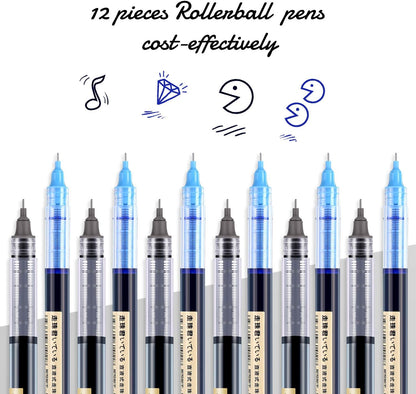 Frienda 12 Pieces Rolling Ball Pens 0.5 mm Japanese Quick Drying Fine Point Pens Liquid Ink Smooth Writing for Office Student Back to School Supplies(Multicolor)