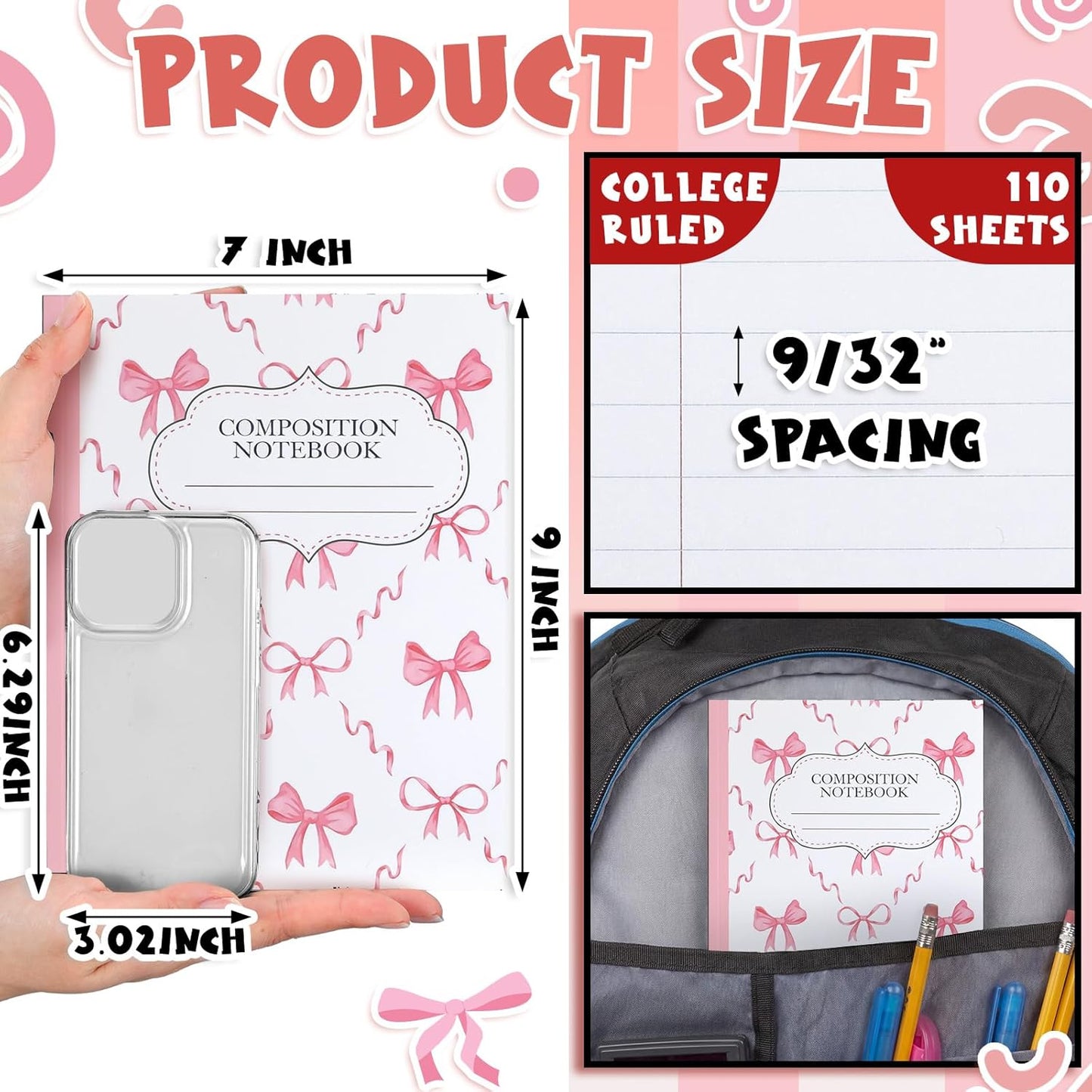 Fullhawl 6 Pcs Bow Composition Notebooks, Preppy Coquette Notebook College Ruled Journal, 110 Page, Cute Back to School Gift for Teacher, Student, First Day of Schooll(Pink,9-3/4 x 7-1/2")