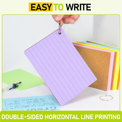 500PCS Colored Index Cards, 3x5 Inches Flash Cards with Ring, Lined on Both Side Notecards Ruled Study Card Flashcards Heavy Note Cards for Studying, Learning, School, College