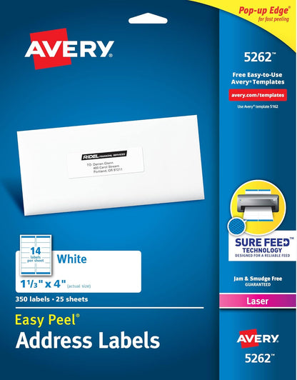 Avery Easy Peel Printable Address Labels with Sure Feed, 1-1/3" x 4", White, 1,400 Blank Mailing Labels for Laser Printers (5162)