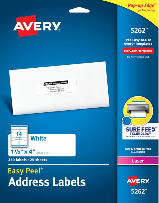 Avery Easy Peel Printable Address Labels with Sure Feed, 1-1/3" x 4", White, 1,400 Blank Mailing Labels for Laser Printers (5162)