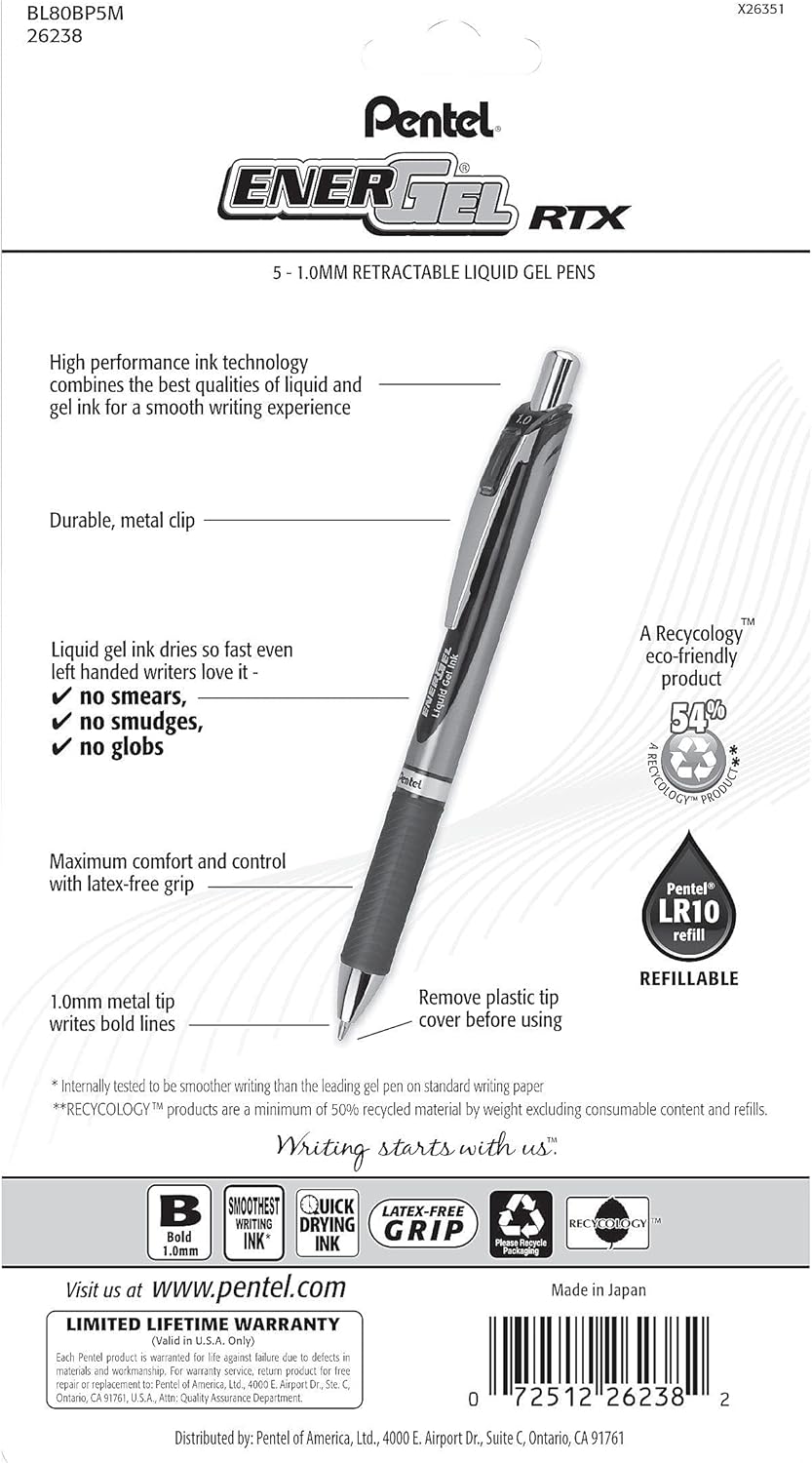 Pentel EnerGel RTX Retractable Liquid Gel Pen, (1.0mm), Bold Line, Metal Tip, Black Ink, Pack of 3 (BL80BP3A)