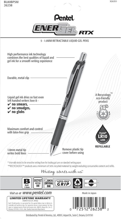 Pentel EnerGel RTX Retractable Liquid Gel Pen, (1.0mm), Bold Line, Metal Tip, Black Ink, Pack of 3 (BL80BP3A)