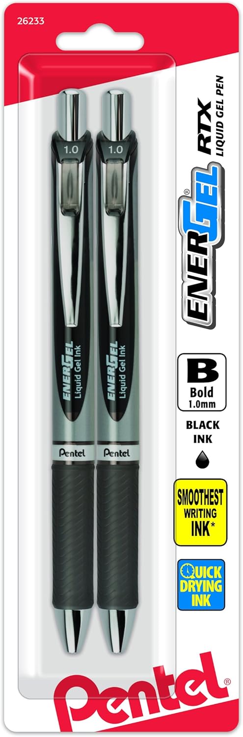 Pentel EnerGel RTX Retractable Liquid Gel Pen, (1.0mm), Bold Line, Metal Tip, Black Ink, Pack of 3 (BL80BP3A)