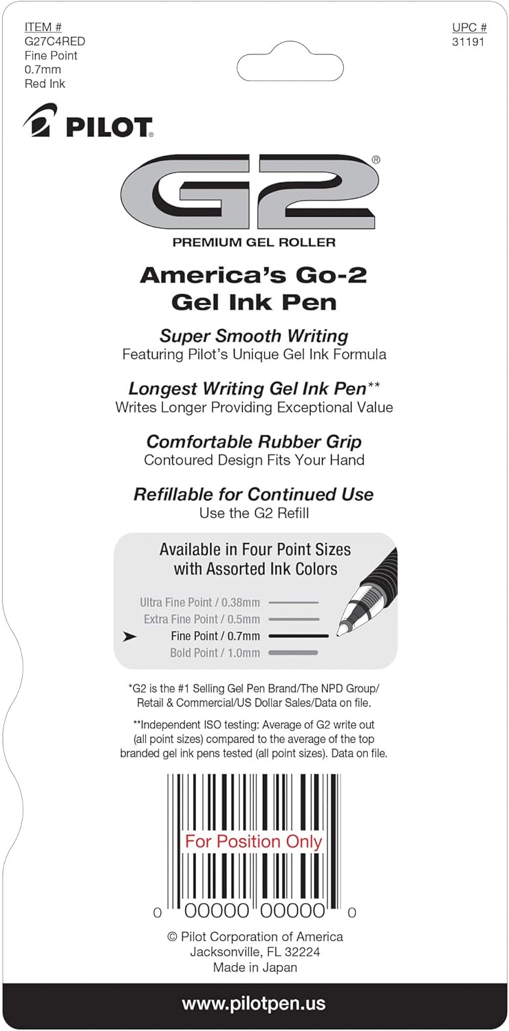 PILOT G2 Premium Refillable and Retractable Rolling Ball Gel Pens, Fine Point, Black Ink, 4-Pack (31057)