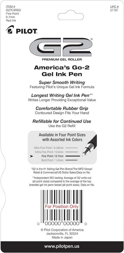 PILOT G2 Premium Refillable and Retractable Rolling Ball Gel Pens, Fine Point, Black Ink, 4-Pack (31057)