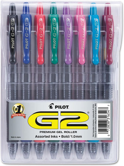 Pilot G2 Premium Retractable Gel-Ink Rolling Ball Pens, Bold Point (1.0mm), 1.0 Gel Pens, Assorted, 8-Pack - Ideal for School, Journaling, & Office Writing