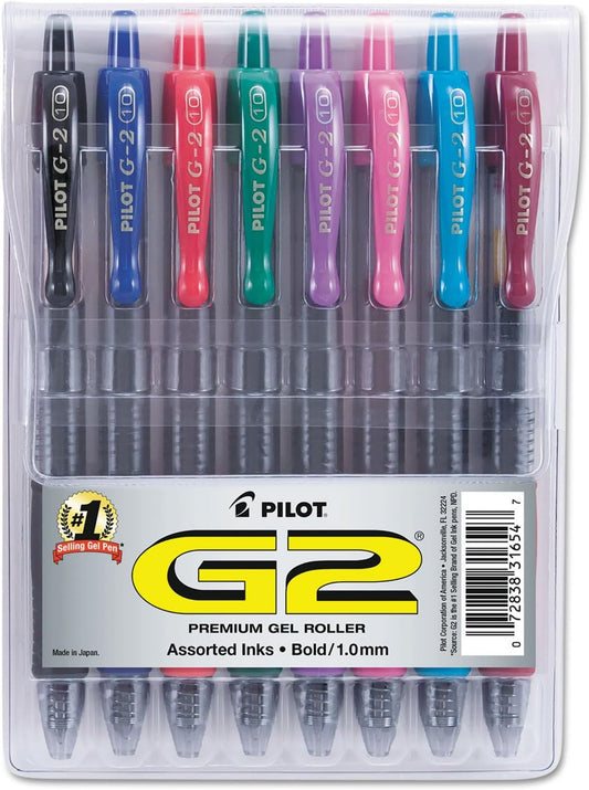 Pilot G2 Premium Retractable Gel-Ink Rolling Ball Pens, Bold Point (1.0mm), 1.0 Gel Pens, Assorted, 8-Pack - Ideal for School, Journaling, & Office Writing