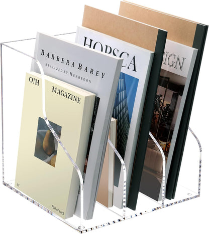 HeZone Acrylic Magazine Rack File Holder Desk Organizers and Storage 2-Pack Small Clear Acrylic Vertical Magazine Holder Book Stand for Office Desk