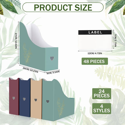 24 Floral Cardboard Magazine Holders Set, File Folders Organizer Decorative 10.23x10.63 Inch with 48 Printable Labels Storage Boxes for Home Office School Desk Classroom