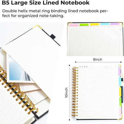 M&G Hardcover Spiral Notebook, 5 Subject Noteboook College Ruled 300 Page, Large 8"x10" B5 Notebooks for Work School, Lined Journal for Women & Men, Black