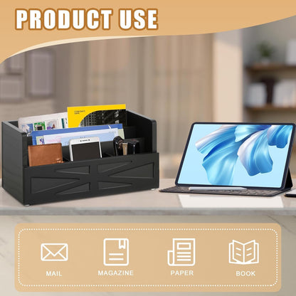 Rustic Wood Mail Organizer Countertop with 4 Slots, Black Mail Holder for Desk, Removable Dividers Mail Sorter, Letter Bill File Organizer for Home Office Classroom, Desktop Organizer with Free Labels