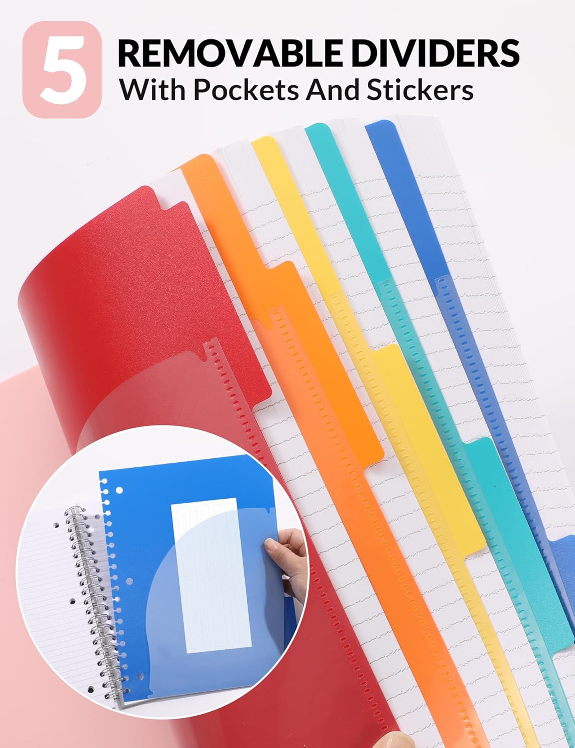 SUNEE Spiral Notebooks for Work with Removable Dividers & Tabs – College Ruled 5 Subject, 300 Pages, 3 Hole Punched, Durable PP Cover, 8"x10.5" – Notebooks for Office or School, Black