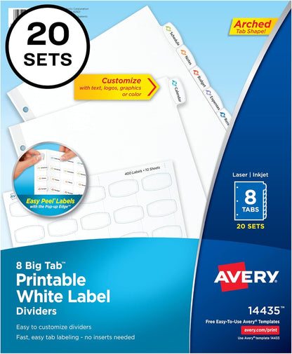 Avery Big Tab Printable White Label Dividers for 3 Ring Binders, 8 Tabs per Set, White, 120 Sets Total, Great for Office Supplies, School Supplies, Organizing, and More (6 Packs of 14435)