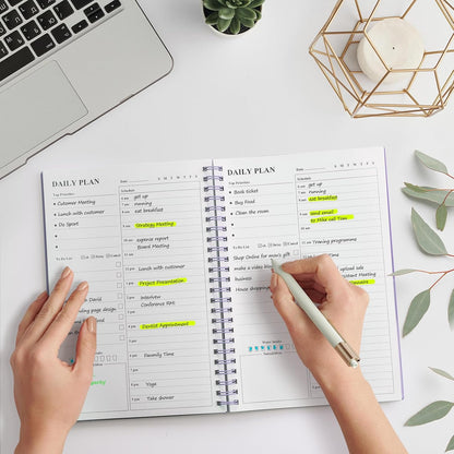 Daily Planner Undated, Asten To Do List Notebook Hourly Schedules Spiral Appointment Planner for Men and Women,PVC Hardcover,Elastic Closure, Inner Pocket 8.3" x 5.8" (Black)