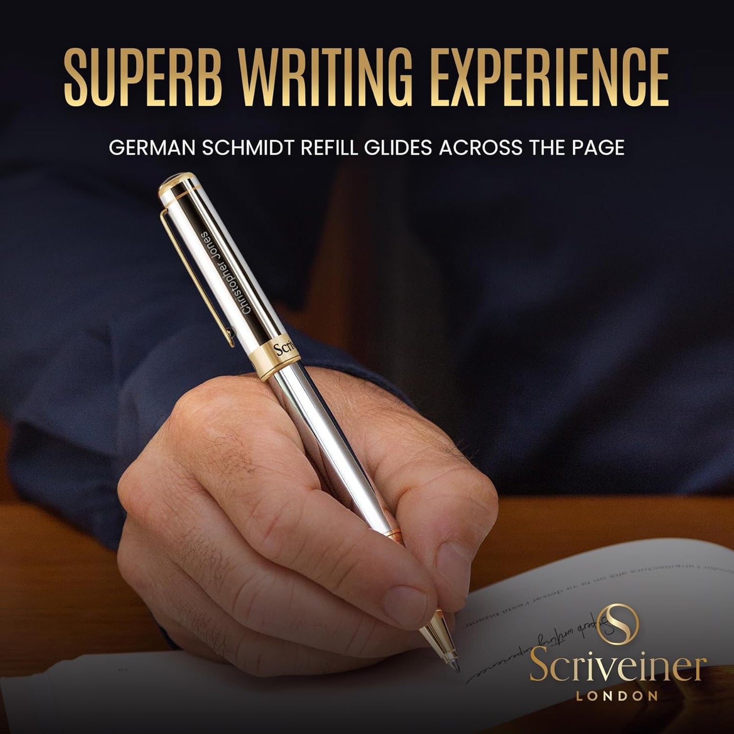 Scriveiner Midnight Blue Rollerball Pen - Stunning Blue Lacquer Luxury Pen, Chrome Finish, Schmidt Ink Refills, Men & Women, Professional, Executive Office, Nice Pen