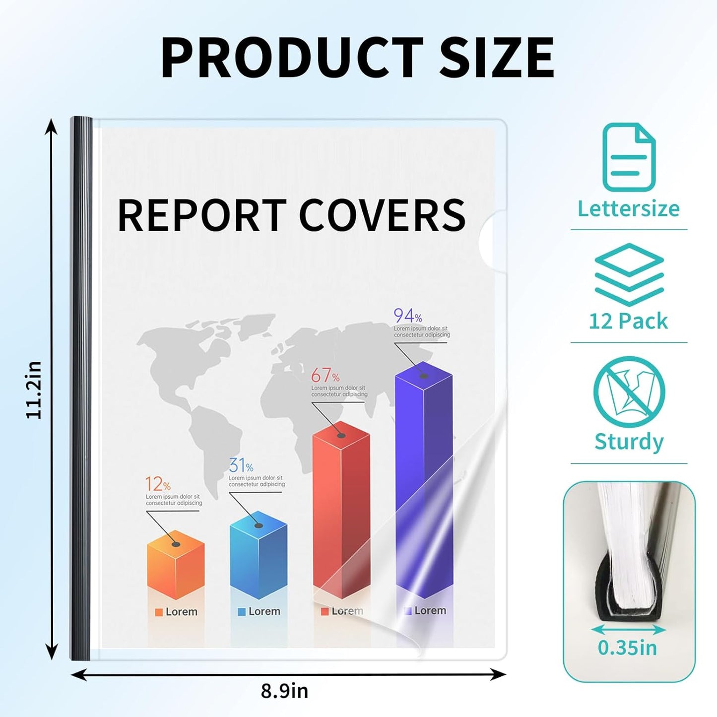 Binditek 12 Pack Clear Report Covers with Black Sliding Bars, 70 Sheet Capacity, 9mm Binding Bars, Letter Size, 5.5 Mil Thick, Black, for Students and Coworkers