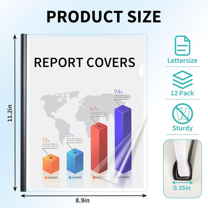 Binditek 12 Pack Clear Report Covers with Black Sliding Bars, 70 Sheet Capacity, 9mm Binding Bars, Letter Size, 5.5 Mil Thick, Black, for Students and Coworkers