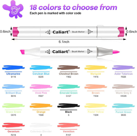 Caliart Alcohol Markers 41 Colors Brush & Fine Dual Tip Art Markers Set, Permanent Pens for Adults Artists Drawing, Coloring Books Anime Illustration, Highlighting Sketch Art Supplies with Carry Case