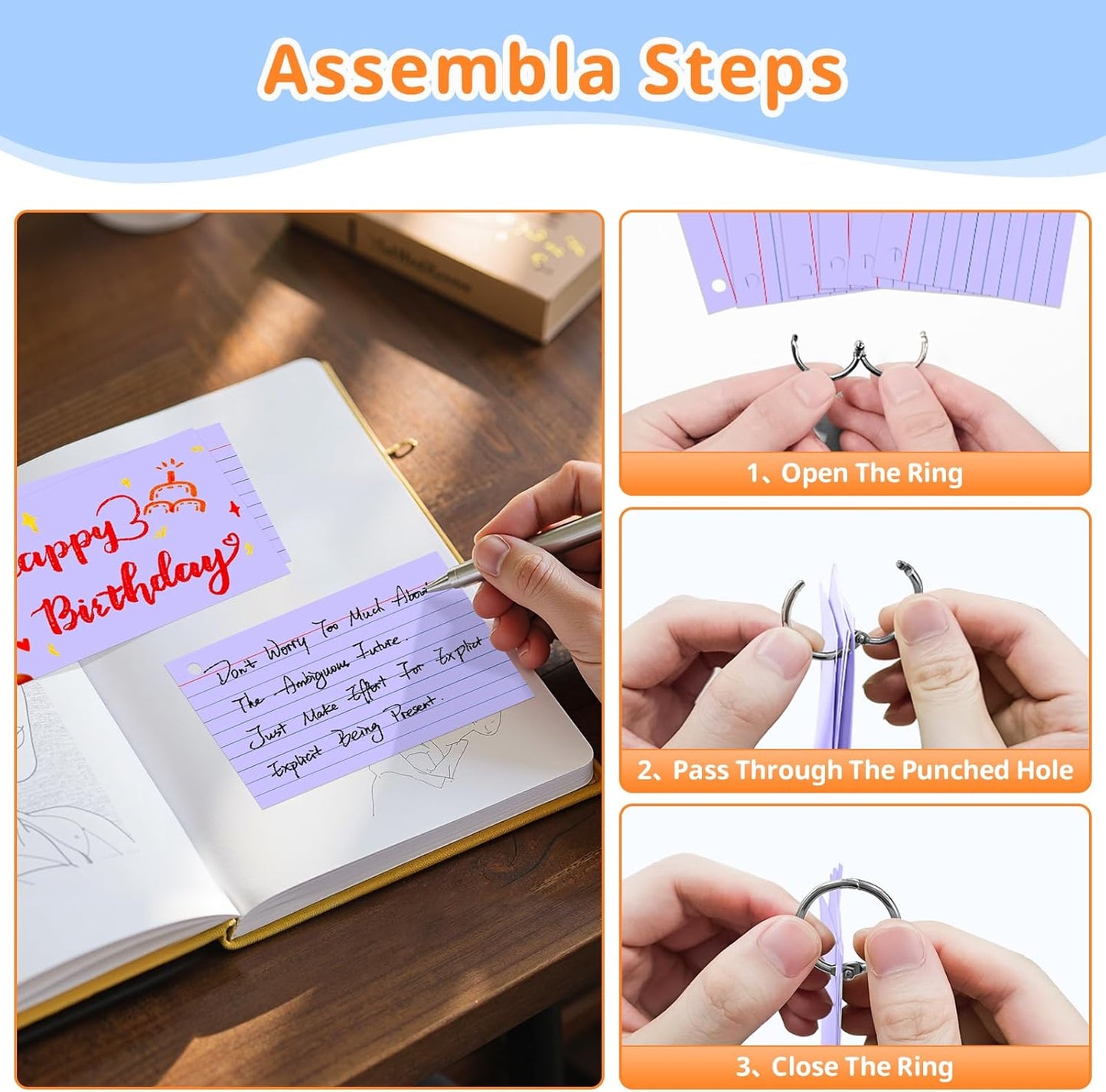 Index Cards 3x5 Inches, 300 PCS, Colored Flash Cards With Ring, Punched Lined Study Card Ruled Flashcards Notecards, Ruled Front And Blank Back, Note Card for School, College And Home