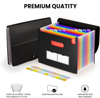 Sooez Accordion File Organizer, 13 Pockets Expanding File Folder, Portable Monthly Paper Bill Tax Receipt Organizer, Letter A4 Size Document Holder with Blank Labels, Black