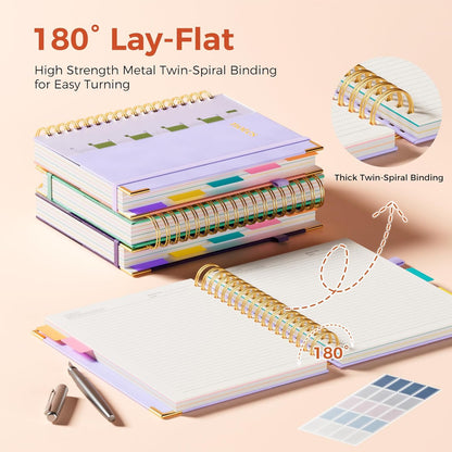 Line Hardcover Spiral Notebook with Removable Dividers Tabs & Ruler, 5 Subject Notebook College Ruled, 300 Page, Large 8"x10" B5 Notebooks for Work School, Lined Journal for Women & Men, Purple